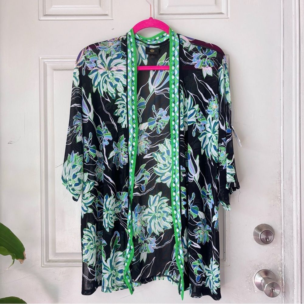 JM Collection Vibrant Green and Black kimono mesh open vest kaftan
